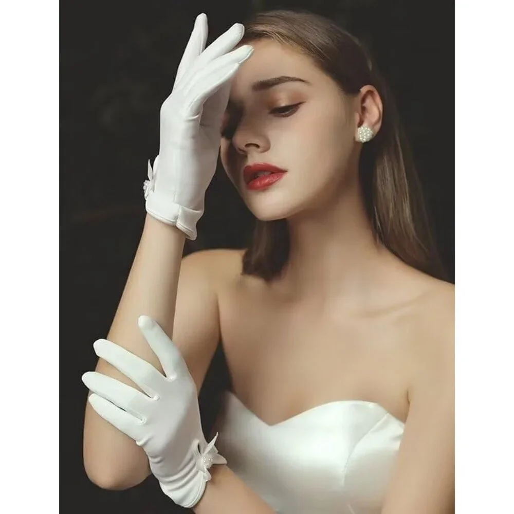 Women's Elegant Short Flower Satin Bow Pearl Gloves Opera Dinner Party Design